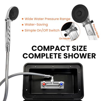 RV Exterior Shower Box Kit with Lock, Outdoor Camper Shower Station, Metal Hot Cold Faucet, 59" Hose, 360° Swivel Adapter, UV Resistant Replacement Shower for Travel Trailer, Motorhome & Boat