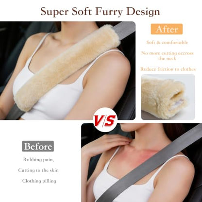 Amooca 2-Pack Soft Furry Universal Seatbelt Cover Car Shoulder Pad - color: Beige, size: 10.5in 2pack