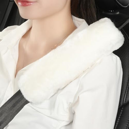 AOGELAN Fluffy Fuzzy Genuine Sheepskin Car Seat Belt Covers for Soft Auto Lambswool Seatbelt Pads, Shoulder Strap Cushion Adults Kids (2, Ivory) - color: Ivory