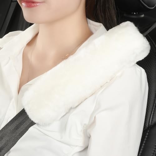AOGELAN Fluffy Fuzzy Genuine Sheepskin Car Seat Belt Covers for Soft Auto Lambswool Seatbelt Pads, Shoulder Strap Cushion Adults Kids (2, Ivory) - color: Ivory