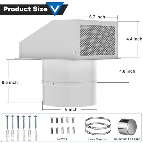 6 Inch Hooded Wall Vent with Screen and Damper, Galvanized Steel Wall Vent Cover White Metal Hood Cap Exhaust Duct Pipe Kit with Hose Clamp Aluminum Foil Tape Screw for Laundry Room Bathroom Basement - color: White, size: 6 Inch
