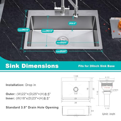 25x22 Inch Drop in Kitchen Sink 18 Gauge Stainless Steel Brushed - color: Brushed, size: D25" x W22" x H8.5"