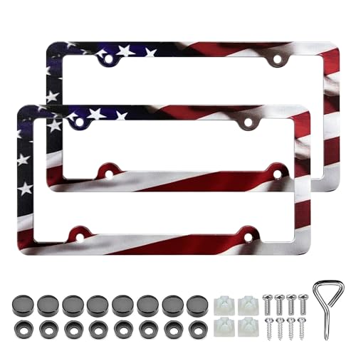 LIN KANG American Flag License Plate Frame Holder - 2 Pack Patriotic Universal Aluminum Matte Stripe US Flag Gloss Car Plate Frame Covers with 4 Holes and Screws Fasteners Caps - color: Matte American flag 4 Holes A
