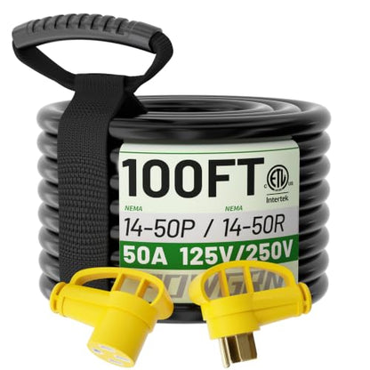 POWGRN NEMA 14-50P to 14-50R 100 FT 50 Amp RV/EV Extension Cord Outdoor - size: 100 FT, style: 50 AMP (14-50P/R)