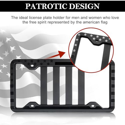 Silicone American Flag License Plate Frames - 2 Pack 3D Stars and Stripes Patriotic Gloss USA Flag Front Rear License Plate Holder with 4 Flag Tire Valve Caps and Screws Black Rustproof Auto Parts - color: Silicone American Flag