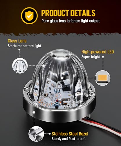 Partsam 2Pcs 2.5 inch Glass Lens Watermelon Lights Amber LED Turn Signal Marker Light for 12V Vehicles, Semi Trucks, Trucks, Pickup, Off-road, Aluminum Alloy Base, IP65 Waterproof - color: Amber