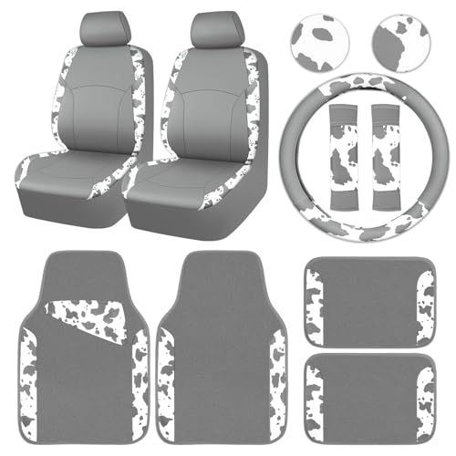 CAR PASS Cow Print Faux Leather Car Seat Covers & Cow Car Mats & Cow Steering Wheel Cover Seat Belt Pads Universal fit for SUV,Van,Saden,Truck Cute Car Accessories Automobile Interior Sets All Gray - color: Cow Print Gray