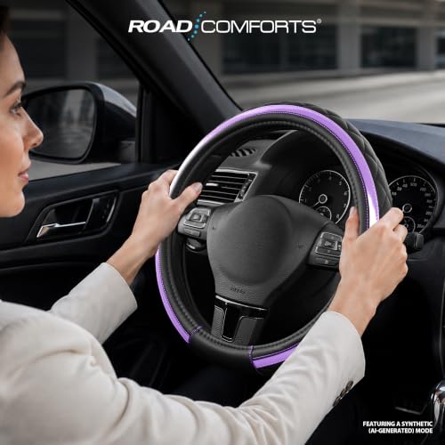 Road Comforts Leather Steering Wheel Cover – Black & Purple, Universal Fit 14.5-15 Inch, Microfiber Leather, Anti-Slip & Breathable Design for Men and Women - color: Purple