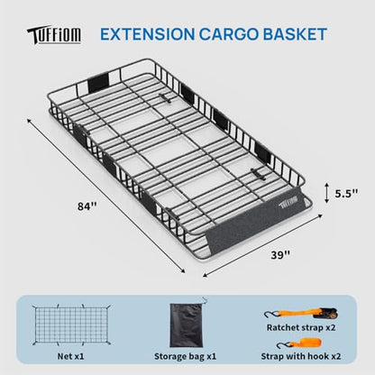 TUFFIOM 84"x 39"x 6" Universal Rooftop Cargo Carrier Basket, Extendable Steel Roof Rack Basket w/Net+Storage Bag+Straps, Heavy Duty Car Top Rack Luggage Holder Carrier for SUV Car Truck Van - size: 84"x39"x6"(w/Net+Bag+Pedal+Straps)
