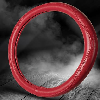 HAOKAY Top Grade Red Genuine Leather Steering Wheel Cover Women, Luxury Steering Wheel Cover for Cars, SUVS and Trucks，Universal 14.5-15 inch - color: RED