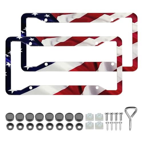 LIN KANG American Flag License Plate Frame Holder - 2 Pack Universal Aluminum Matte Stripe US Flag Gloss Patriotic Car Plate Frame Covers with Free Screws Fasteners Caps - color: Matte American flag B