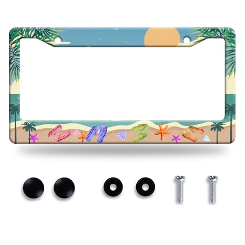 Summer Beach License Plate Frame Stainless Steel Car Accessory 6x12 Inch - color: Funny Summer Beach With Flip Flops