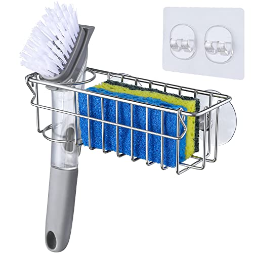 3-In-1 Sponge Holder for Kitchen Sink with Suction Cups & Adhesive Hook , In-sink Sponge Holder, Wall Hanging Sink Caddy Organizer Rack - Sponge, Dish Cloth, Brush, Scrubber - 304 Stainless Steel - color: Silver