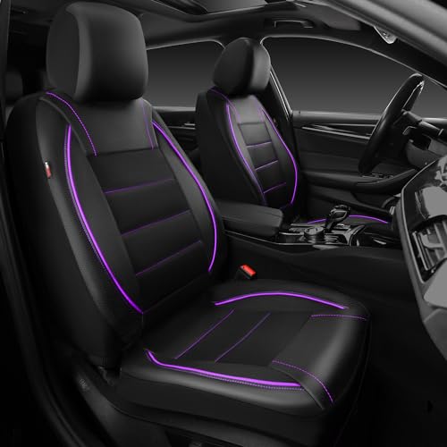 CAR PASS Universal FIT Piping Leather Two Front Seat Covers, Waterproof Faux Leather for SUV Sedan Van Truck, Airbag Compatible,Reserved Opening Holes for Headrest Covers(Black and Purple) - color: Black & Purple