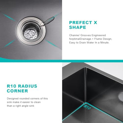 18"x18" Drop in Kitchen Sink, 304 SS Handmade Black Single Bowl - color: Black, size: D18" x W18" x H9"