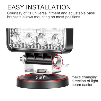 SKYWORLD Magnetic Mount LED Work Light, 2PCS 4 Inch 48W Square Flood Off Road Driving Fog Lamp 12V 24V with Portable Magnetic Base Holder for Truck Tractor Trailer Car Boat Engineering Vehicle - size: 2Pcs 4 Inch 48W Flood