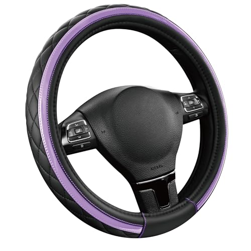 Road Comforts Leather Steering Wheel Cover – Black & Purple, Universal Fit 14.5-15 Inch, Microfiber Leather, Anti-Slip & Breathable Design for Men and Women - color: Purple