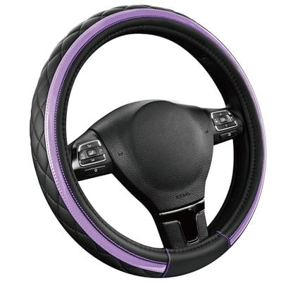Road Comforts Leather Steering Wheel Cover – Black & Purple, Universal Fit 14.5-15 Inch, Microfiber Leather, Anti-Slip & Breathable Design for Men and Women - color: Purple