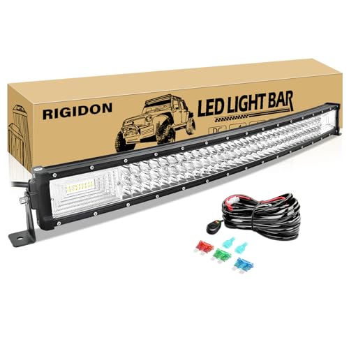 RIGIDON 32 Inch 405W Curved LED Light Bar with Wire Harness, 7D Triple Row Flood Spot Combo 40500LM Light Bar Waterproof Driving Boat Offroad LED Work Light for ATV UTV Truck Roof Bumper - size: 405W+Harness