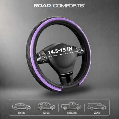 Road Comforts Leather Steering Wheel Cover – Black & Purple, Universal Fit 14.5-15 Inch, Microfiber Leather, Anti-Slip & Breathable Design for Men and Women - color: Purple