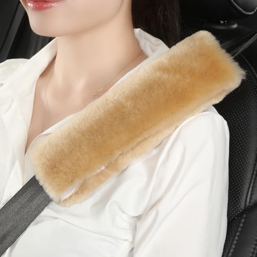 AOGELAN 2 Pack Fluffy Fuzzy Genuine Sheepskin Car Seat Belt Cover, Seatbelt Cushion for Soft Auto Lambswool Shoulder Strap Cushion Adults (2, Honey Beige) - color: Honey Beige