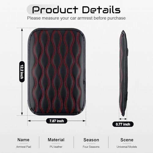 Amiss Car Center Console Cover, Upgraded Leather Car Armrest Cushion, Universal Waterproof Cushion Pad, Non-Slip Car Interior Accessories, Fits Most Sedans SUVs Trucks (Red Line) - color: Red-Line
