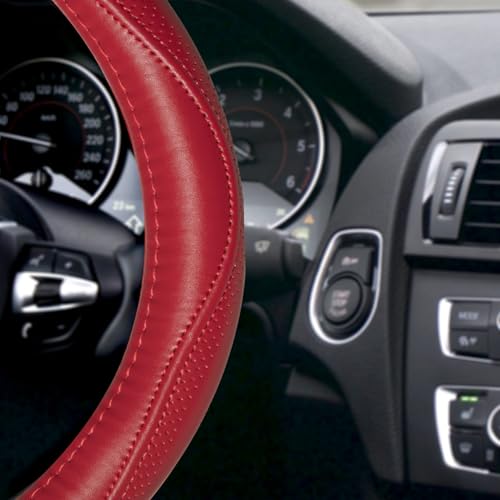 HAOKAY Top Grade Red Genuine Leather Steering Wheel Cover Women, Luxury Steering Wheel Cover for Cars, SUVS and Trucks，Universal 14.5-15 inch - color: RED
