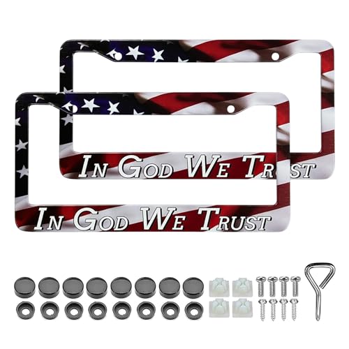 LIN KANG in God We Trust Christian License Plate Frames - 2 Pack American Flag Design Car Plate Holder Cover Universal Accessories License Plate Aluminum Car Tag Frames for Women Men US Vehicles - color: In God We Trust American Flag