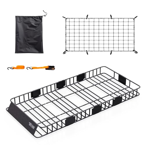 TUFFIOM 84"x 39"x 6" Universal Rooftop Cargo Carrier Basket, Extendable Steel Roof Rack Basket w/Net+Storage Bag+Straps, Heavy Duty Car Top Rack Luggage Holder Carrier for SUV Car Truck Van - size: 84"x39"x6"(w/Net+Bag+Pedal+Straps)
