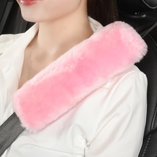 AOGELAN 2 Pack Fluffy Fuzzy Genuine Sheepskin Car Seat Belt Cover Pad Pink - color: Pink