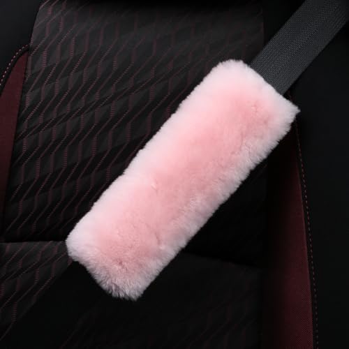AOGELAN 2 Pack Fluffy Fuzzy Genuine Sheepskin Car Seat Belt Cover Pad Pink - color: Pink