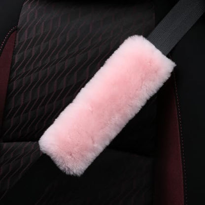 AOGELAN 2 Pack Fluffy Fuzzy Genuine Sheepskin Car Seat Belt Cover Pad Pink - color: Pink