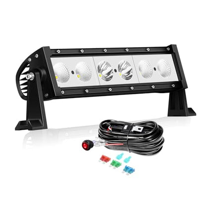 AUXTINGS 12 Inch 30W Single Row LED Light Bar with Wiring Kit Switch, 3000LM Flood Spot Beam Off-Road Led Driving Headlights for 12V 24V Vehicle Pickup SUV ATV UTV Truck 4X4 Tractor Boat, Waterproof - size: 12 inch 30W