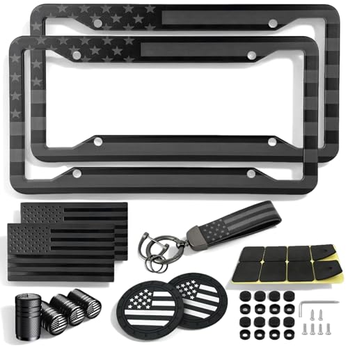 American Flag License Plate Frame, Stainless Steel Patriotic Car Tag 2 Pack - color: Black Gray Stainless Steel