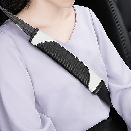 AUCELI 2PCS Carbon Fiber Car Seat Belt Cover, Breathable Leather, White - color: Black/White
