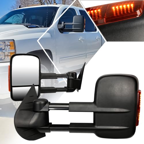 [Pair] Manual Telescopic Tow Towing Mirrors Side Mirrors w/Amber LED Signal Compatible with Silverado Sierra 07-14,Black - color: Black / Amber