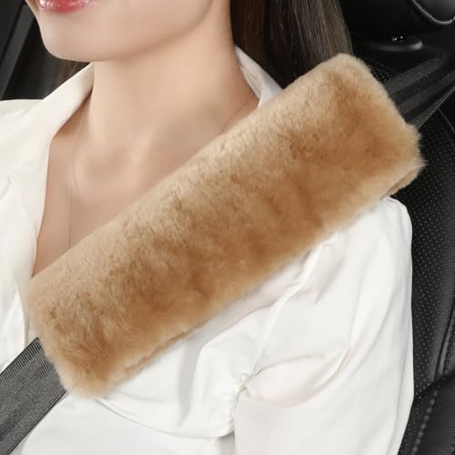 AOGELAN 2 Pack Fluffy Real Sheepskin Car Seat Belt Cover Pad Light Brown - color: Light Brown