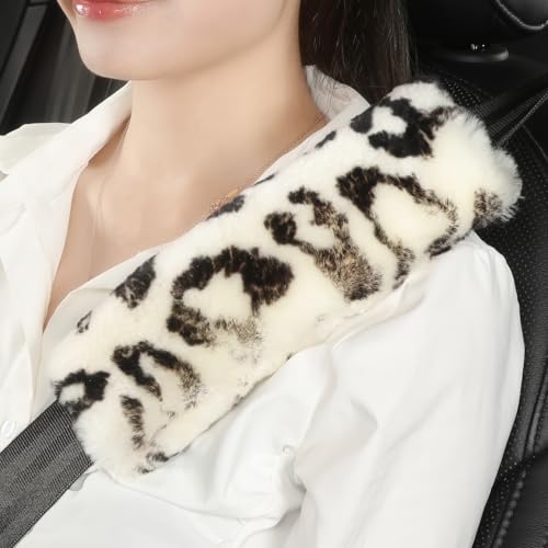 AOGELAN 2 Pack Fluffy Fuzzy Genuine Sheepskin Car Seat Belt Cover Pad, Seatbelt Cushion for Soft Auto Lambswoolshoulder Strap Cushion Adults Kids (2, Leopard Print) - color: Leopard Print