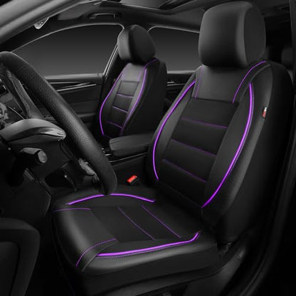 CAR PASS Universal FIT Piping Leather Two Front Seat Covers, Waterproof Faux Leather for SUV Sedan Van Truck, Airbag Compatible,Reserved Opening Holes for Headrest Covers(Black and Purple) - color: Black & Purple