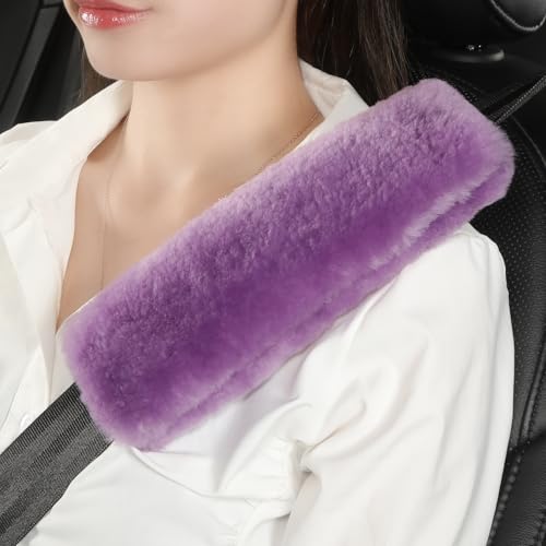 AOGELAN 2 Pack Fluffy Genuine Sheepskin Car Seat Belt Cover Pad Purple - color: Purple