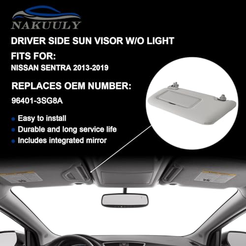 Left Driver Side Sun Visor w/o Light Compatible with Nissan Sentra 2013 2014 2015 2016 2017 2018 2019 Gray Sunvisor with Mirror Replaces # 96401-3SG8A