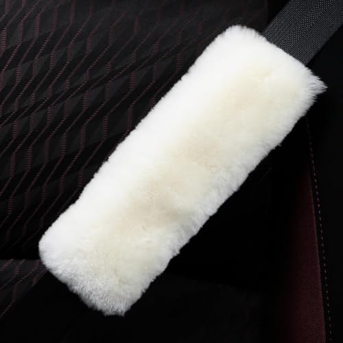 AOGELAN Fluffy Fuzzy Genuine Sheepskin Car Seat Belt Covers for Soft Auto Lambswool Seatbelt Pads, Shoulder Strap Cushion Adults Kids (2, Ivory) - color: Ivory