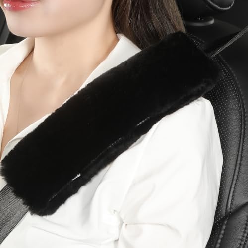 AOGELAN 2 Pack Black Fluffy Fuzzy Genuine Sheepskin Car Seat Belt Cover Pad, Seatbelt Cushion for Soft Auto Lambswool Shoulder Strap Cushion Adults (2, Black) - color: Black