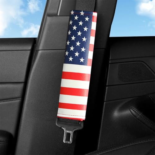 2PCS Car Seatbelt Covers, American Flag Patriotic Leather Soft Vehicle Seat Belt Shoulder Pad, USA Flag Automotive Seat Strap Harness Mat Cushion, Universal for Most Vehicles