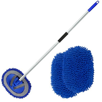 anngrowy 62" Microfiber Car Wash Brush with Long Handle Car Washing Mop Kit Mitt Sponge Car Cleaning Supplies Kit Duster RV Washing Car Brush Accessories, 1 Chenille Scratch-Free Replacement Head - color: Blue