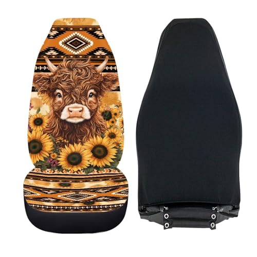 Bulopur Sunflower Highland Cow Car Seat Covers 2 Pack Soft Comfy Aztec Auto Seat Cover Washable Fabric Stretchable High Back Bucket Carseat Cover for SUV Truck Van Sedans - color: Aztec Sunflower Highland Cow Print
