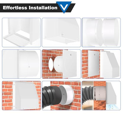 6 Inch Hooded Wall Vent with Screen and Damper, Galvanized Steel Wall Vent Cover White Metal Hood Cap Exhaust Duct Pipe Kit with Hose Clamp Aluminum Foil Tape Screw for Laundry Room Bathroom Basement - color: White, size: 6 Inch