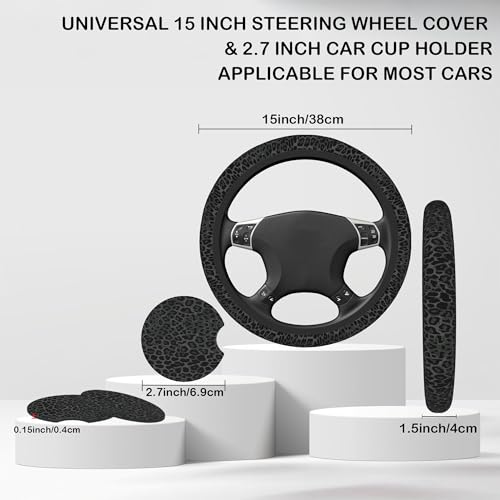 Black Leopard Print Steering Wheel Cover with 2 Pcs Car Coasters Neoprene Steering Wheel Cover for Women Men Anti-Slip Breathable Car Accessories Universal 15 Inch Fit Auto Cars Trucks - color: Black Leopard Print