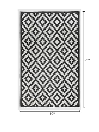 FH Home Outdoor Camping Rug - Waterproof, Fade Resistant, Reversible - Premium Recycled Plastic - Geometric - Patio, Deck, Sunroom, RV - Aztec - Black & White - 5 x 8 ft Foldable - color: Aztec - Black & White, size: 5' x 8' (Rectangular)