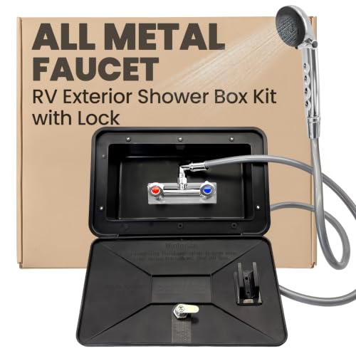 RV Exterior Shower Box Kit with Lock, Outdoor Camper Shower Station, Metal Hot Cold Faucet, 59" Hose, 360° Swivel Adapter, UV Resistant Replacement Shower for Travel Trailer, Motorhome & Boat